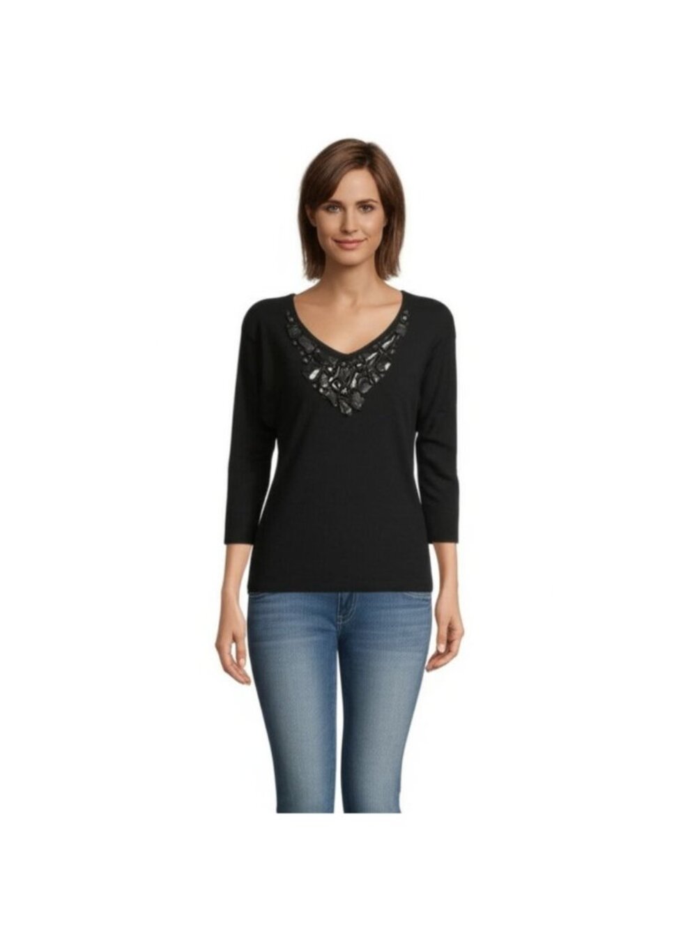 August Silk Women's Embellished Blouse — Black — Jeweled Neckline — 3/4 Sleeve —